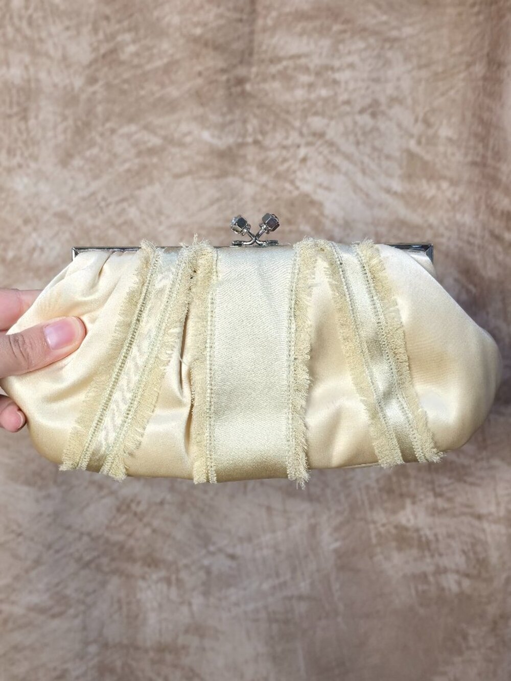 Champagne Satin Pleated Clutch – Kiss Lock Evening Bag – Formal Wedding Purse